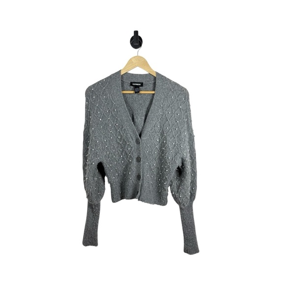 Express Embellished V-Neck Balloon Sleeve Cardigan in Grey Size XS - Picture 8 of 15
